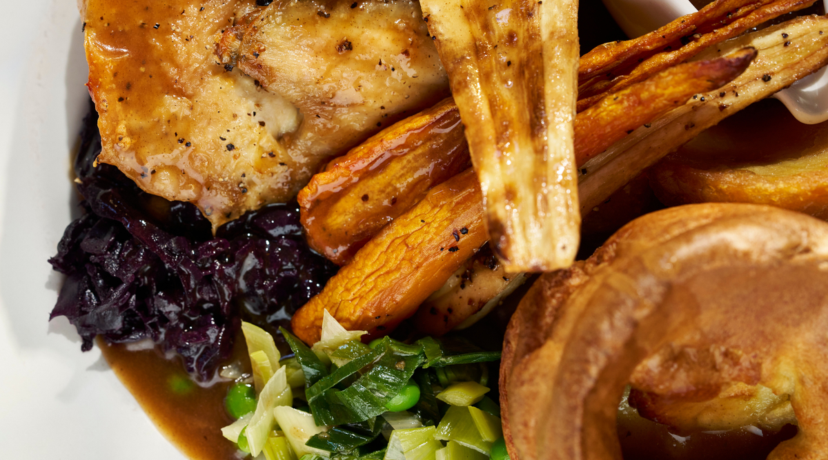 Close-up of Hall and Woodhouse roast dinner