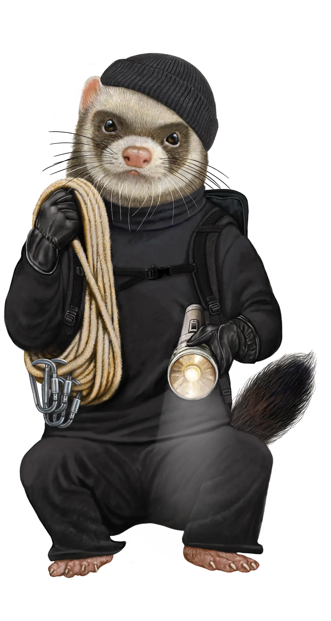 Illustrated ferret dressed as a climber, full body, holding a lamp