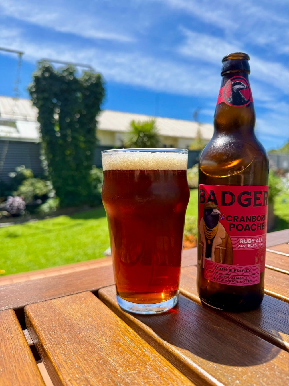 Bottle of Badger Golden Champion beside a full pint on a wooden garden table