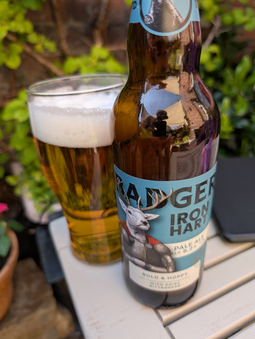 Pint and bottle of Badger Iron Hart on table in garden, with blurred backdrop of green plants