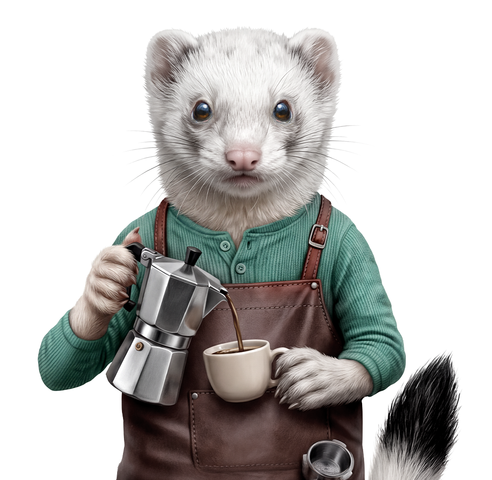 Badger Master Stoat character - stoat dressed in teal top with brown apron, pouring cup of coffee from a moka pot