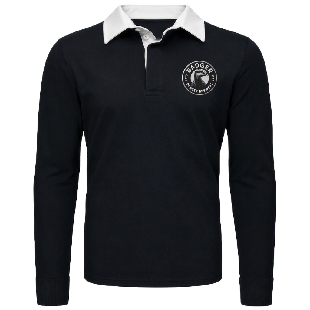 A long-sleeve Badger Beers rugby shirt in black with a contrasting white collar and a white circular Badger logo on the left chest