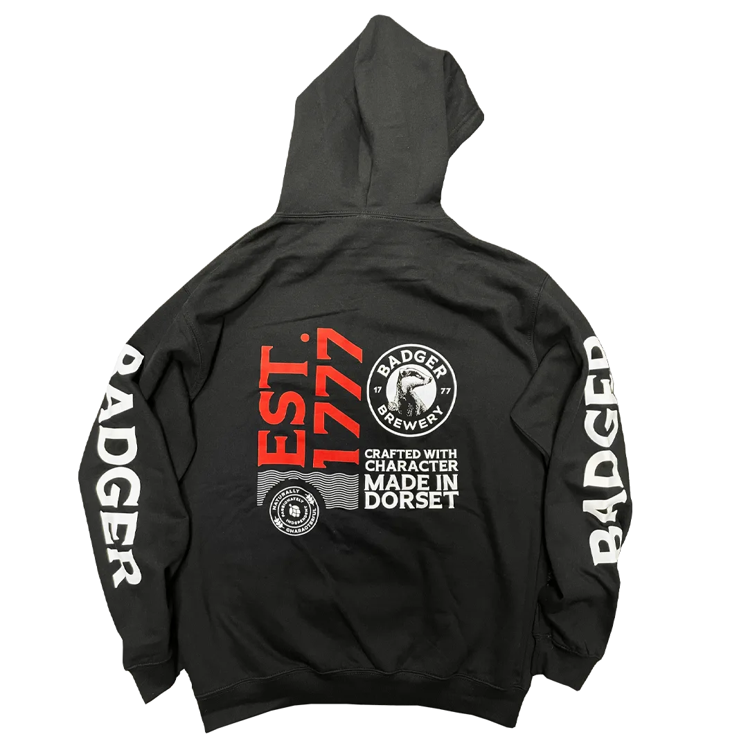 Back of the black Badger hoodie with a large Est. 1777 print and Badger sleeve lettering