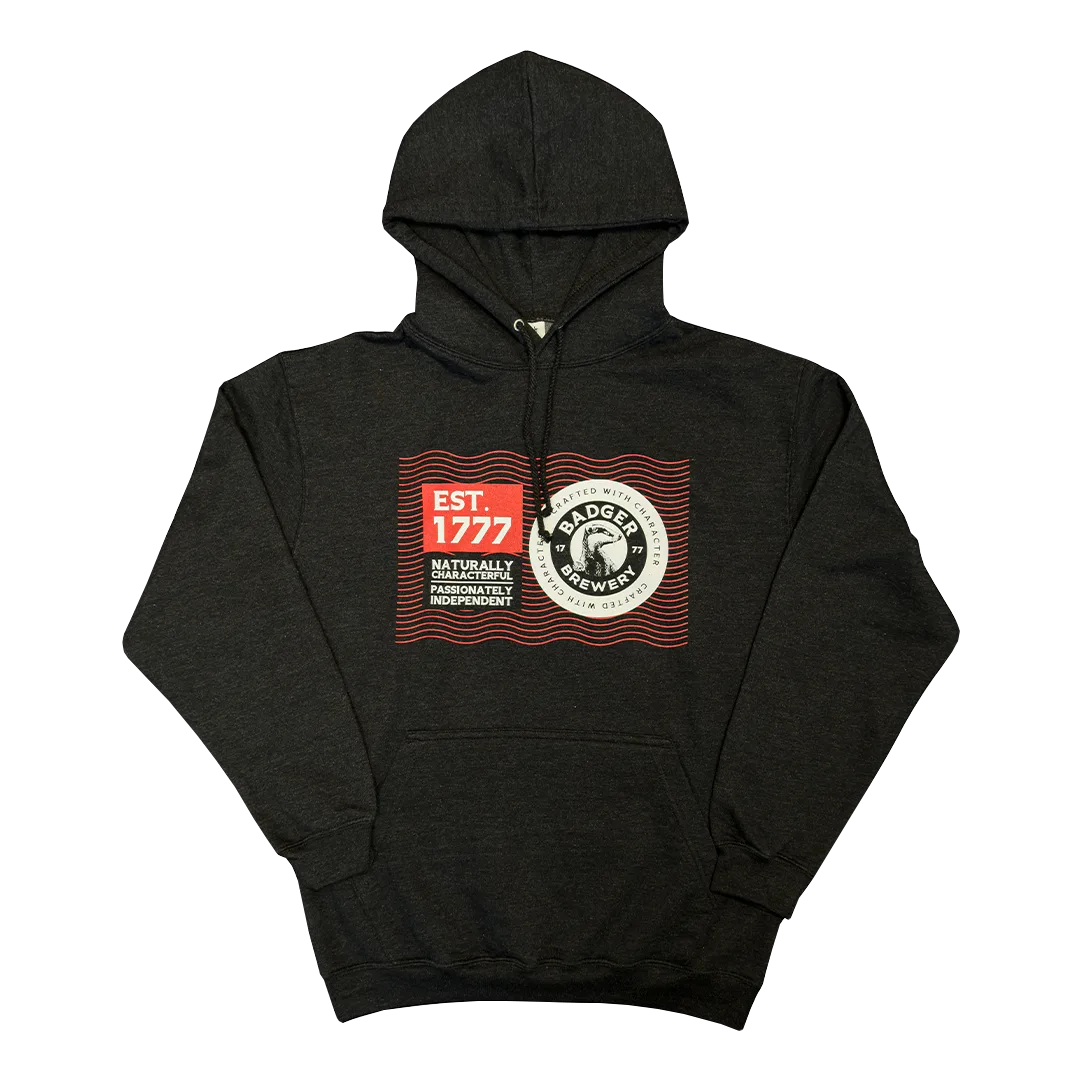 Front of the dark grey flecked Badger hoodie with a badger roundel chest print