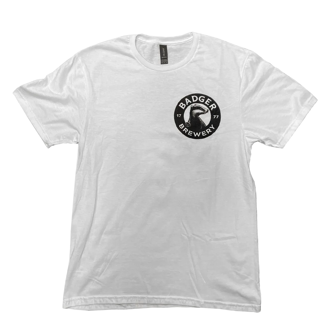 Front of the white Badger Fursty Ferret t-shirt with a small badger roundel chest logo