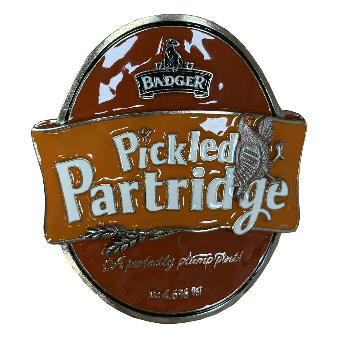 Front of the Badger Pickled Partridge pewter pump clip with partridge artwork