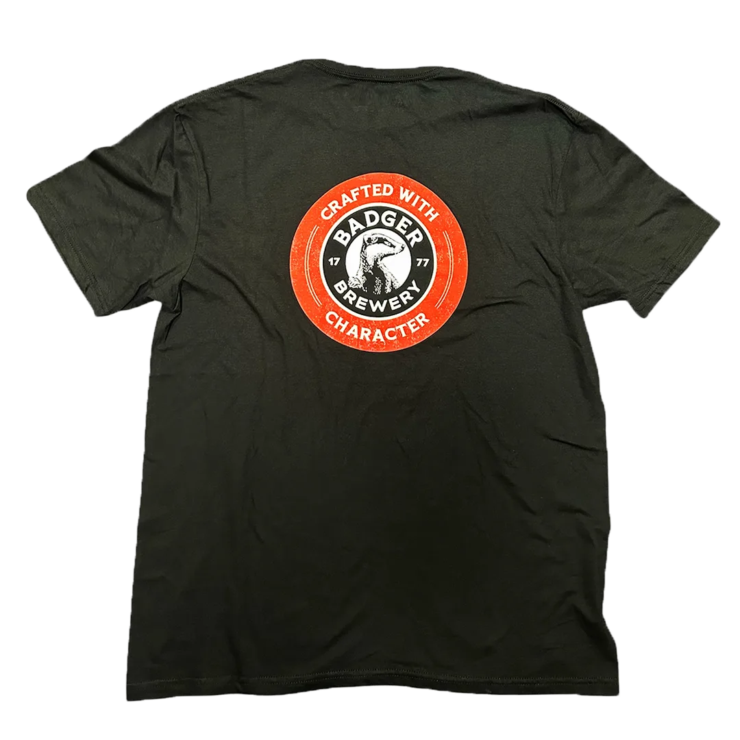Back of the black Badger t-shirt with a large orange Crafted with Character badger roundel