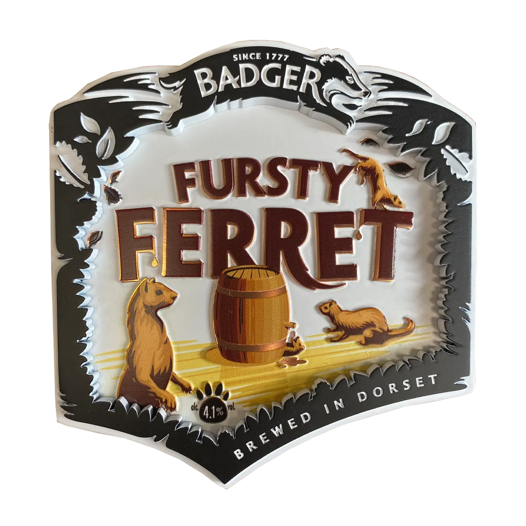 Front of the Badger Fursty Ferret pewter pump clip with ferret and beer barrel artwork