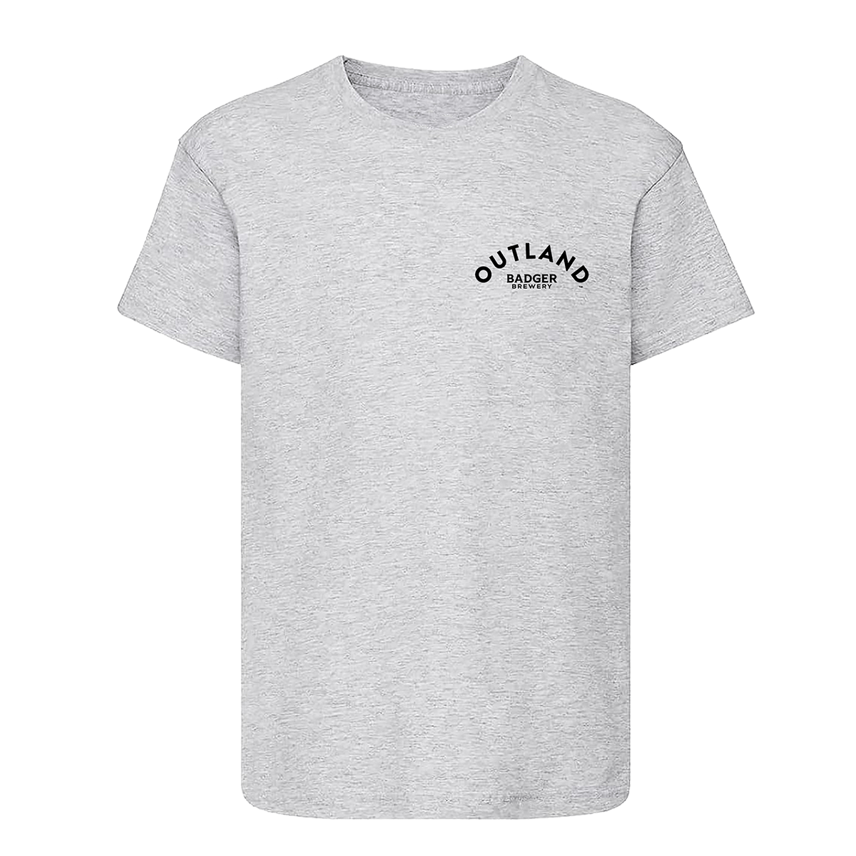 Front of the grey Outland t-shirt with a small Outland Badger Brewery chest logo