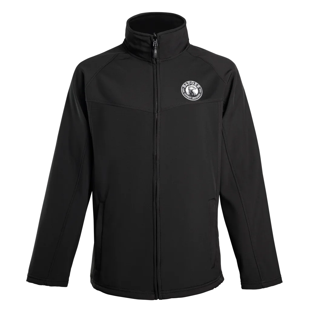 Front of the black Badger soft shell jacket with the badger roundel embroidered on the chest