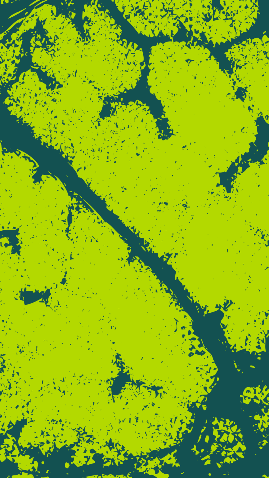A high-contrast abstract Outland Clear Horizon pattern featuring bright lime green organic shapes with dark teal branching lines and speckled texture.