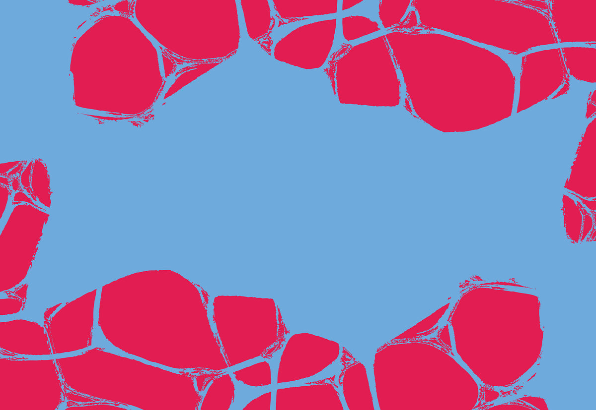 Outland East of Eden NEIPA graphic design featuring a large light blue central square surrounded by a border of bright pink organic, cracked-like shapes outlined in light blue.
