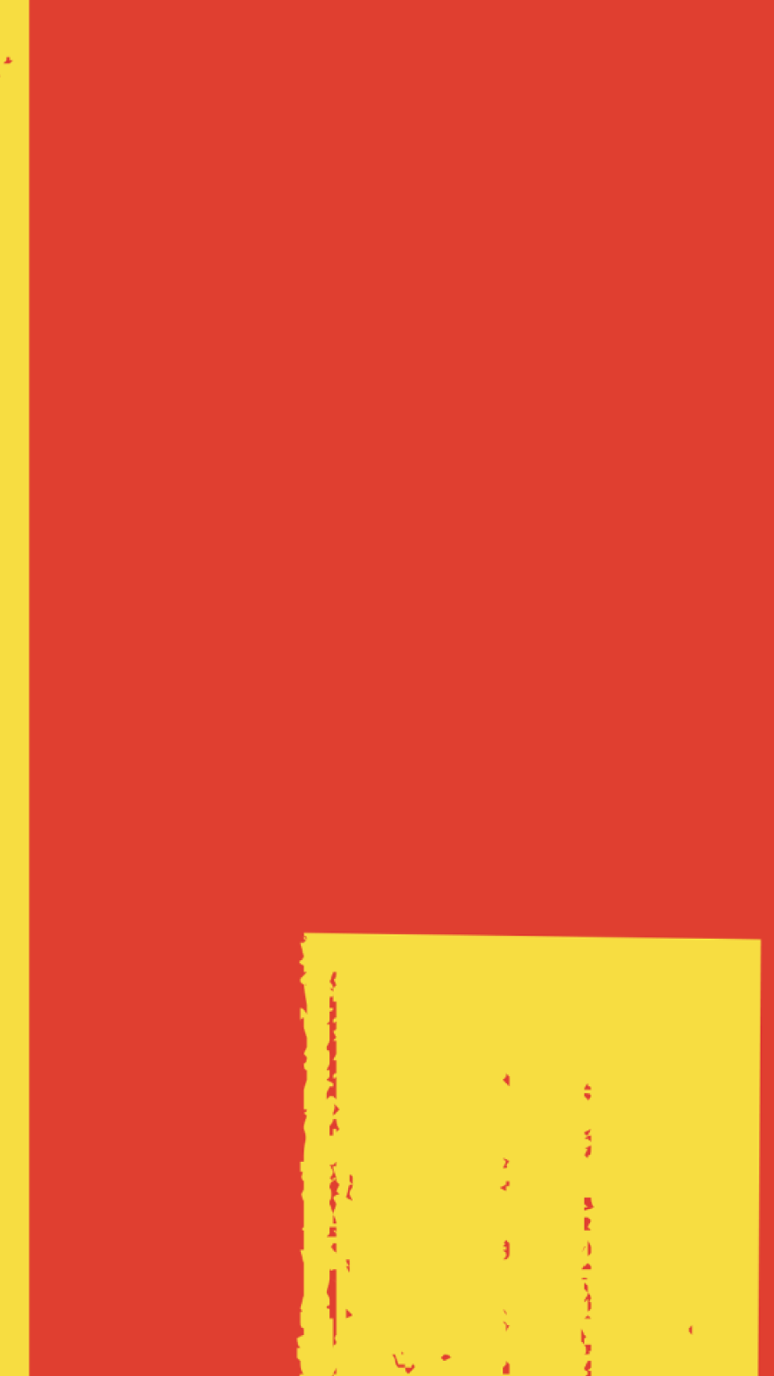 A minimalist Roca Tierra graphic pattern featuring a solid red background with a large textured yellow block in the bottom right corner and a thin yellow vertical stripe along the left edge.