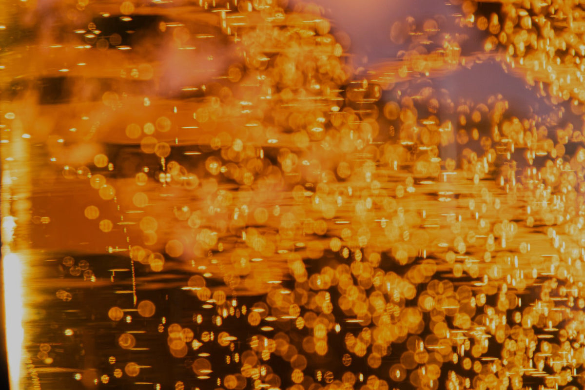 Close-up of Outland Roca Tierra lager with dense bubbles suspended throughout the liquid.