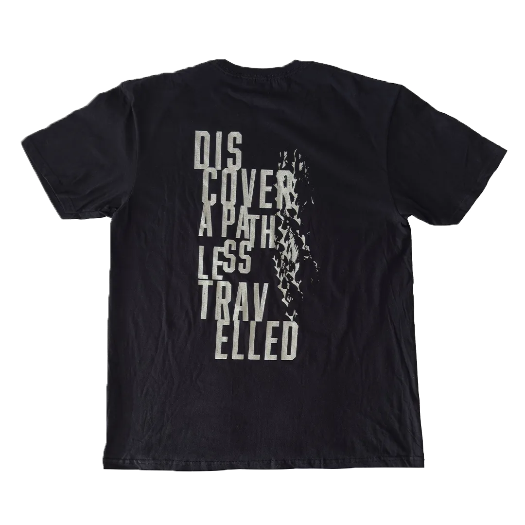 Back of the black Outland Stout t-shirt printed Discover a Path Less Travelled