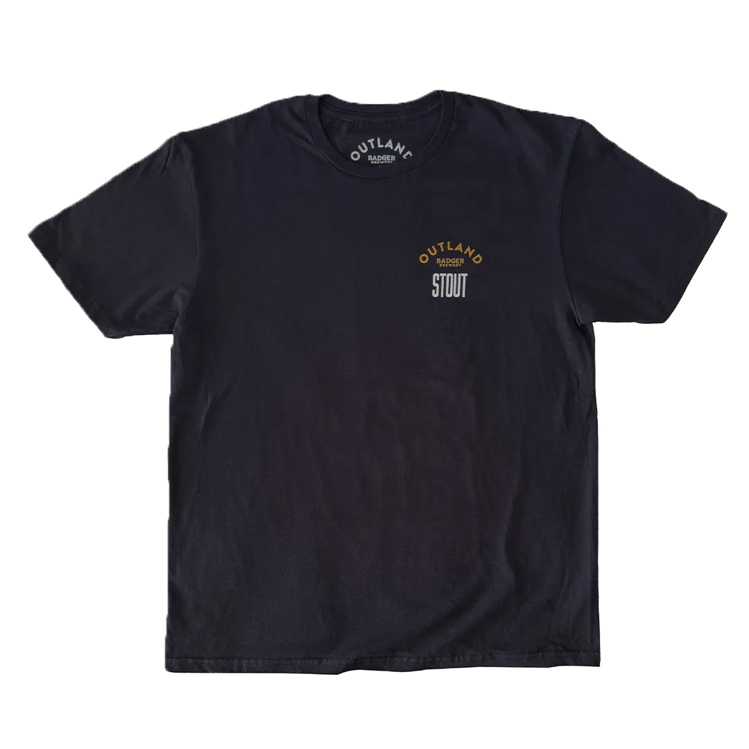 Front of the navy Outland Stout t-shirt with a small Outland Stout chest logo