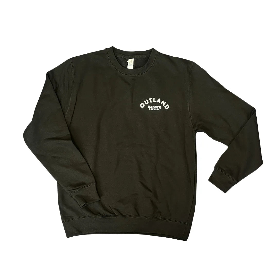 Front of the black Outland sweatshirt with a small Outland logo on the chest