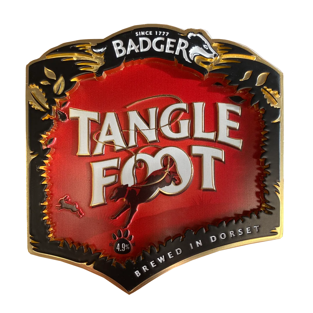 Badger Tangle Foot pewter pump clip in red and gold, marked Brewed in Dorset