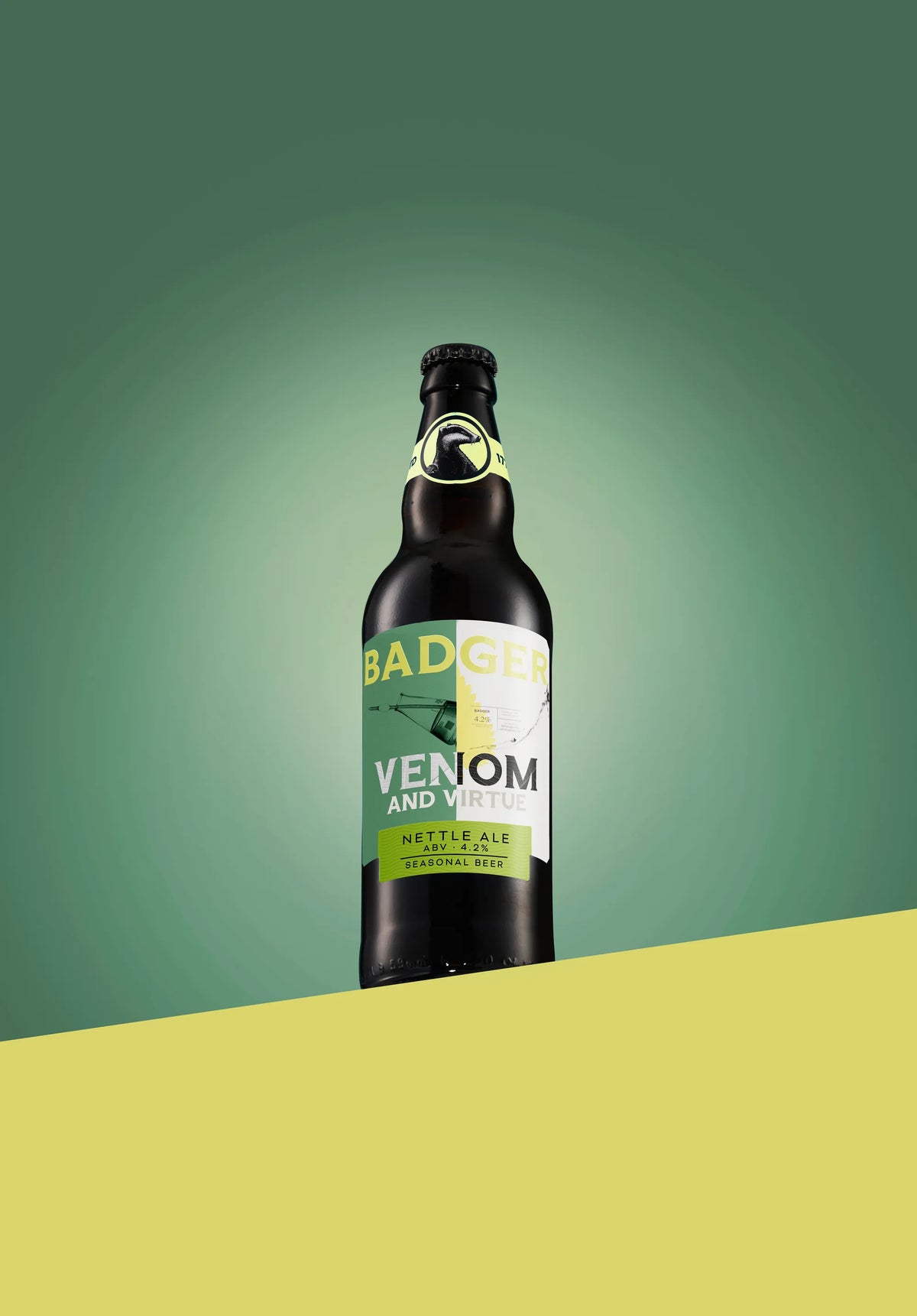 Bottle of Badger Venom and Virtue nettle ale on a pale green background