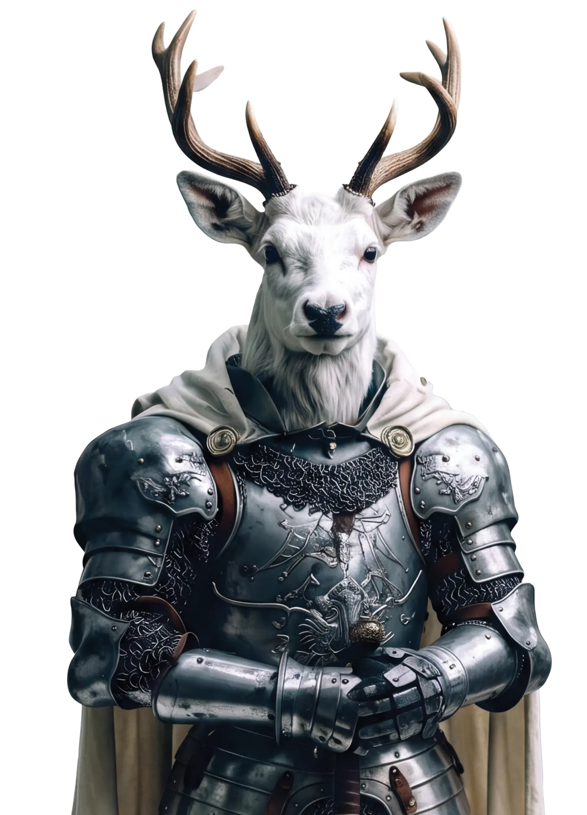 Illustrated stag in a suit of armour, the Badger Iron Hart character