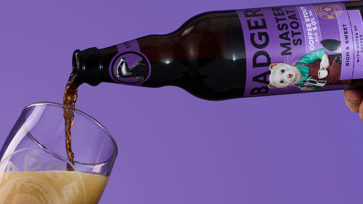 Badger Master Stoat coffee stout poured from the bottle into a glass