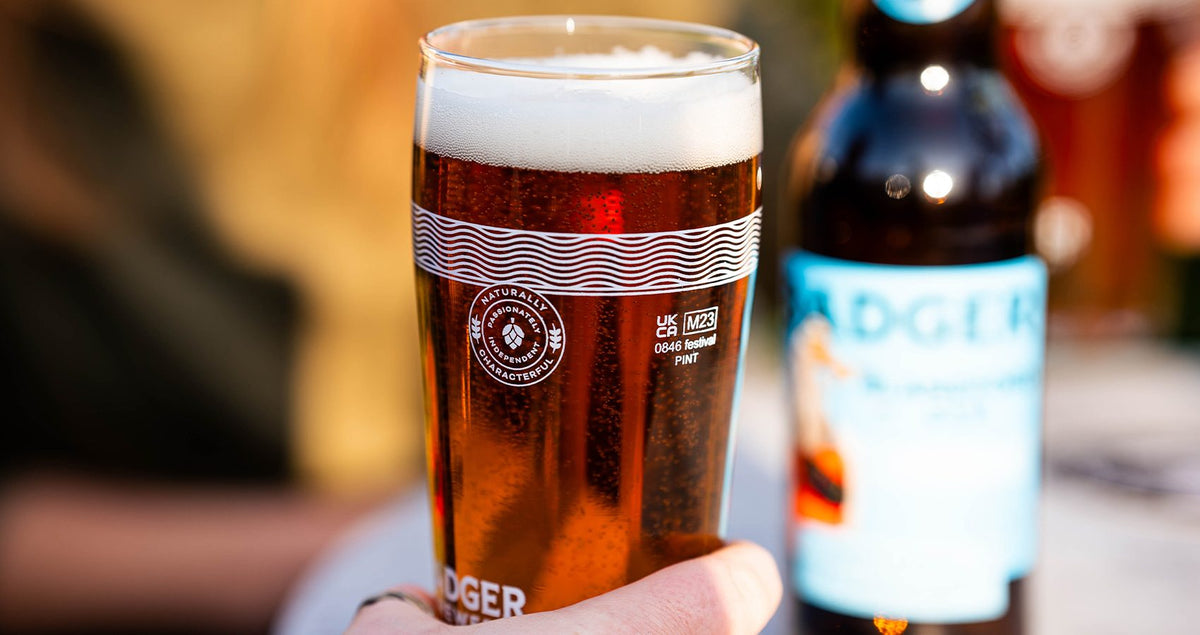 Pint of Badger ale and a bottle on a table with a person holding the glass