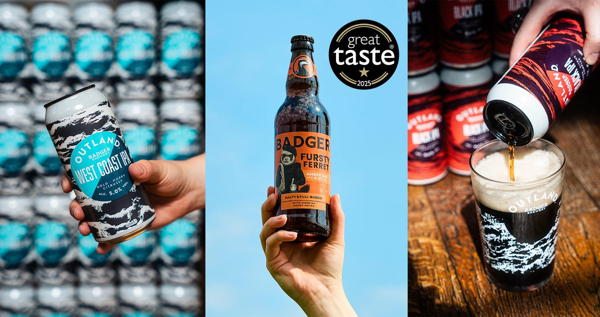 Badger bottle held up beside a Great Taste award logo and a tray of cans