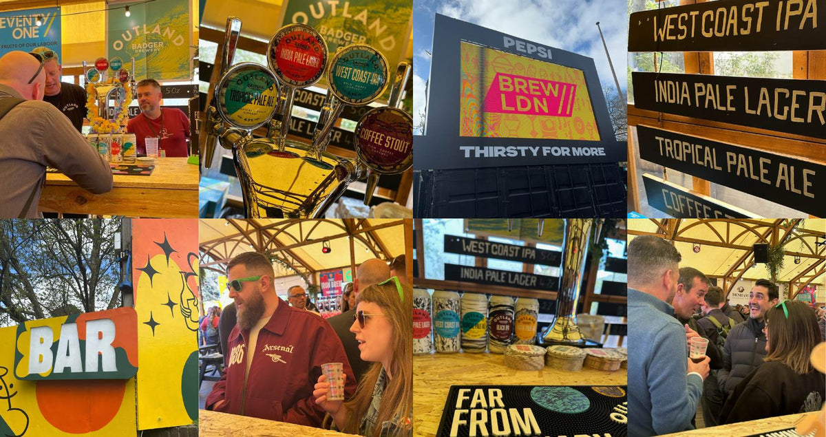 Collage of the Outland stand, branding and crowds at Brew//LDN 2025