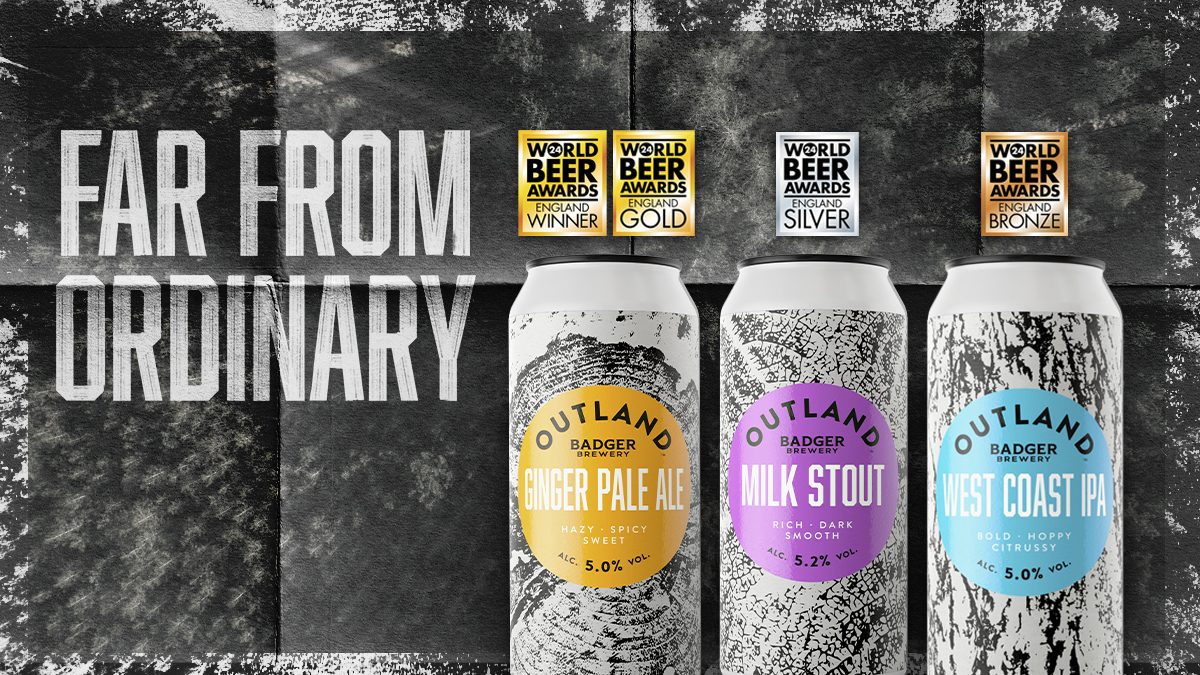 Outland Far From Ordinary artwork with Pale Ale, Milk Stout and West Coast IPA cans