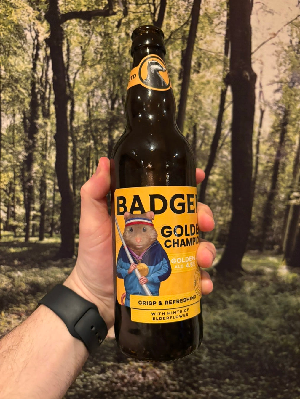 Hand holding a bottle of Badger Golden Champion in woodland