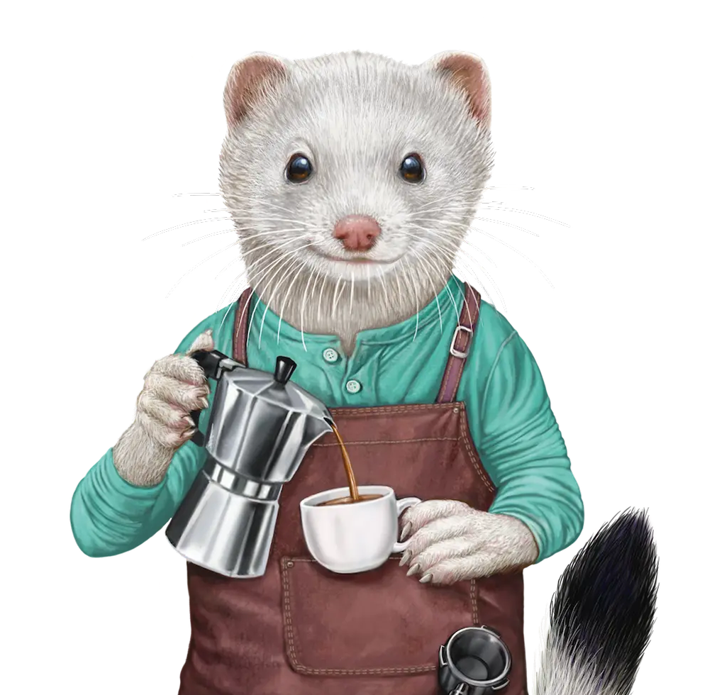 Illustrated ferret in an apron holding a stovetop coffee pot and a cup