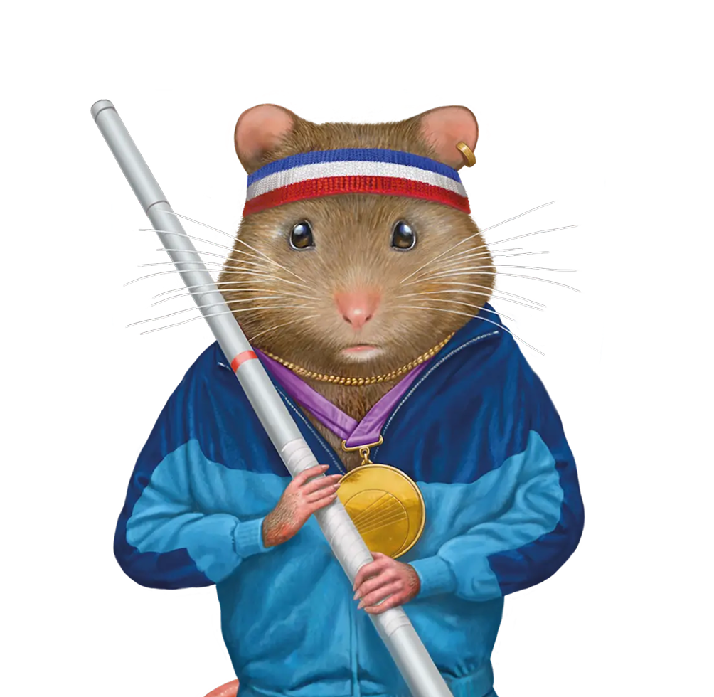 Illustrated mouse in a tracksuit holding a snooker cue with a gold medal
