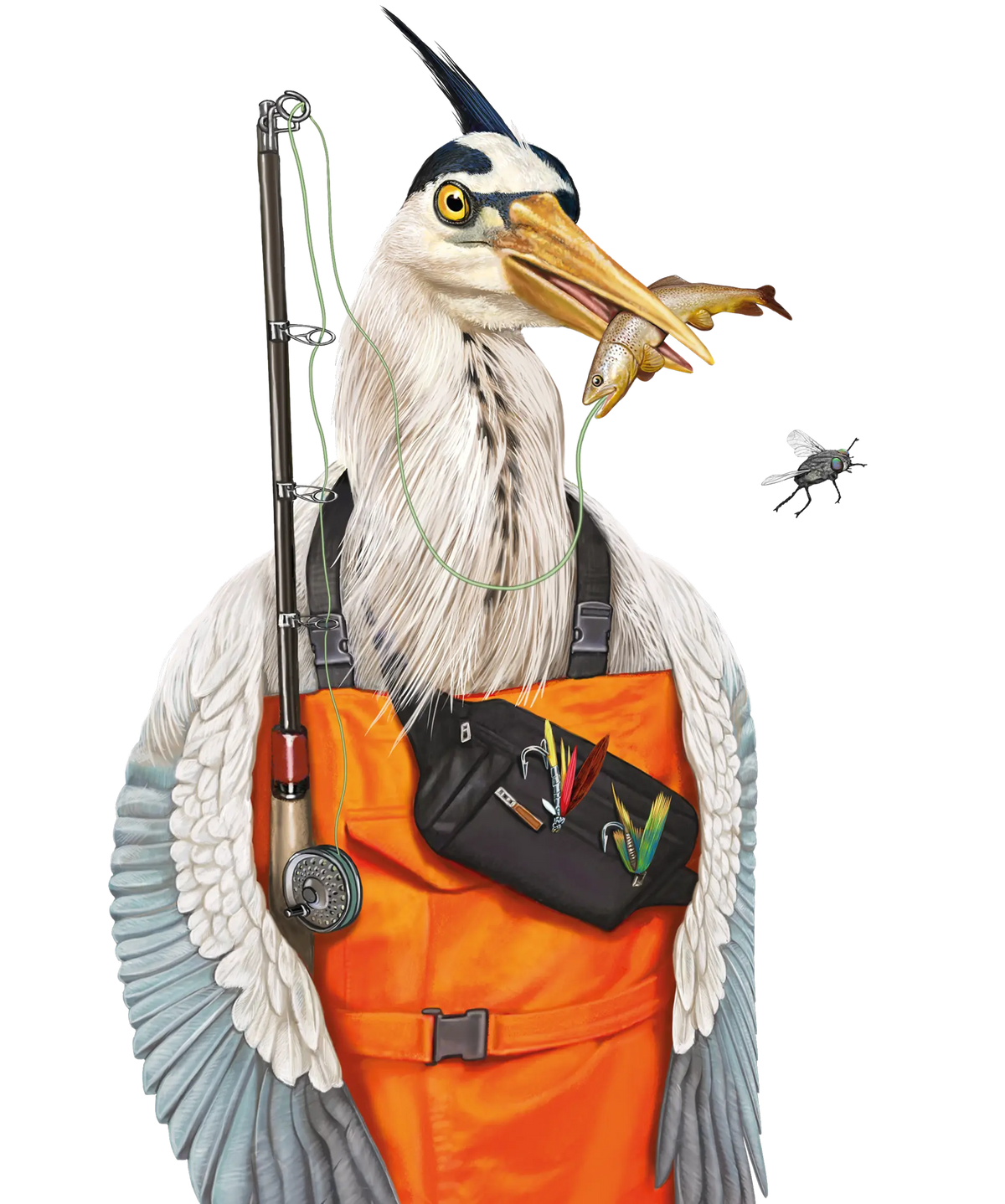 Illustrated heron in a fishing vest holding a rod, with a fly beside it