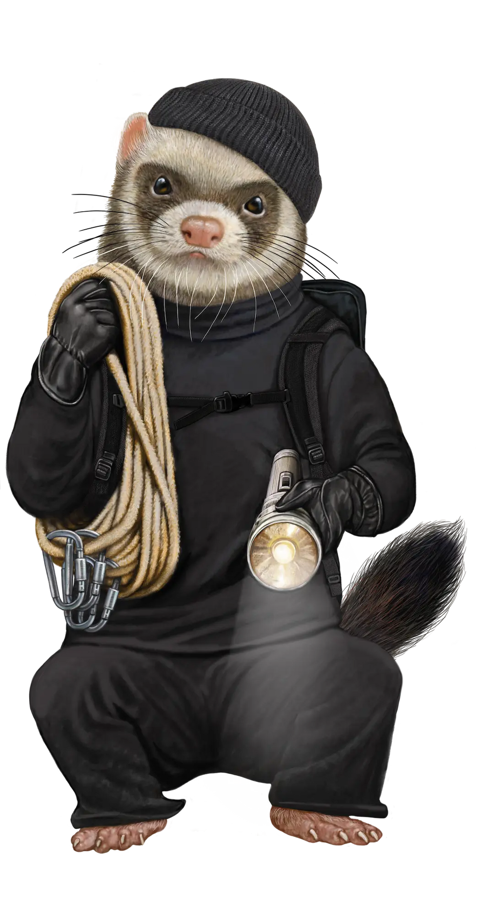 Illustrated ferret dressed as a climber, full body, holding a lamp