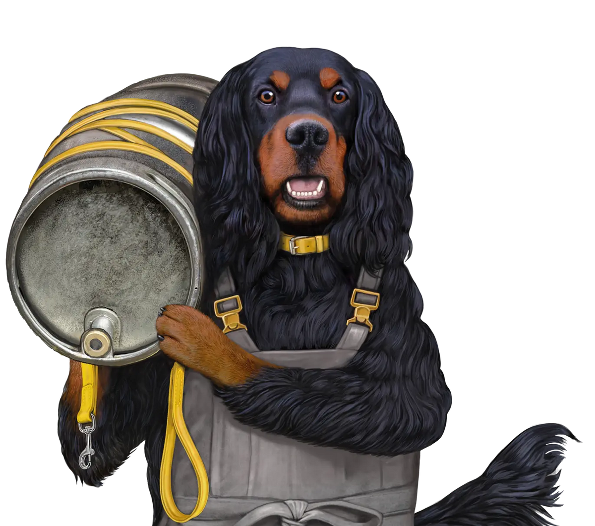 Illustrated spaniel in dungarees carrying a beer cask on its shoulder