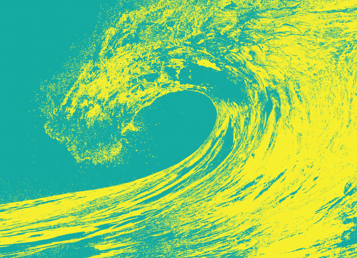 Teal and yellow Outland brand pattern showing a stylised breaking wave
