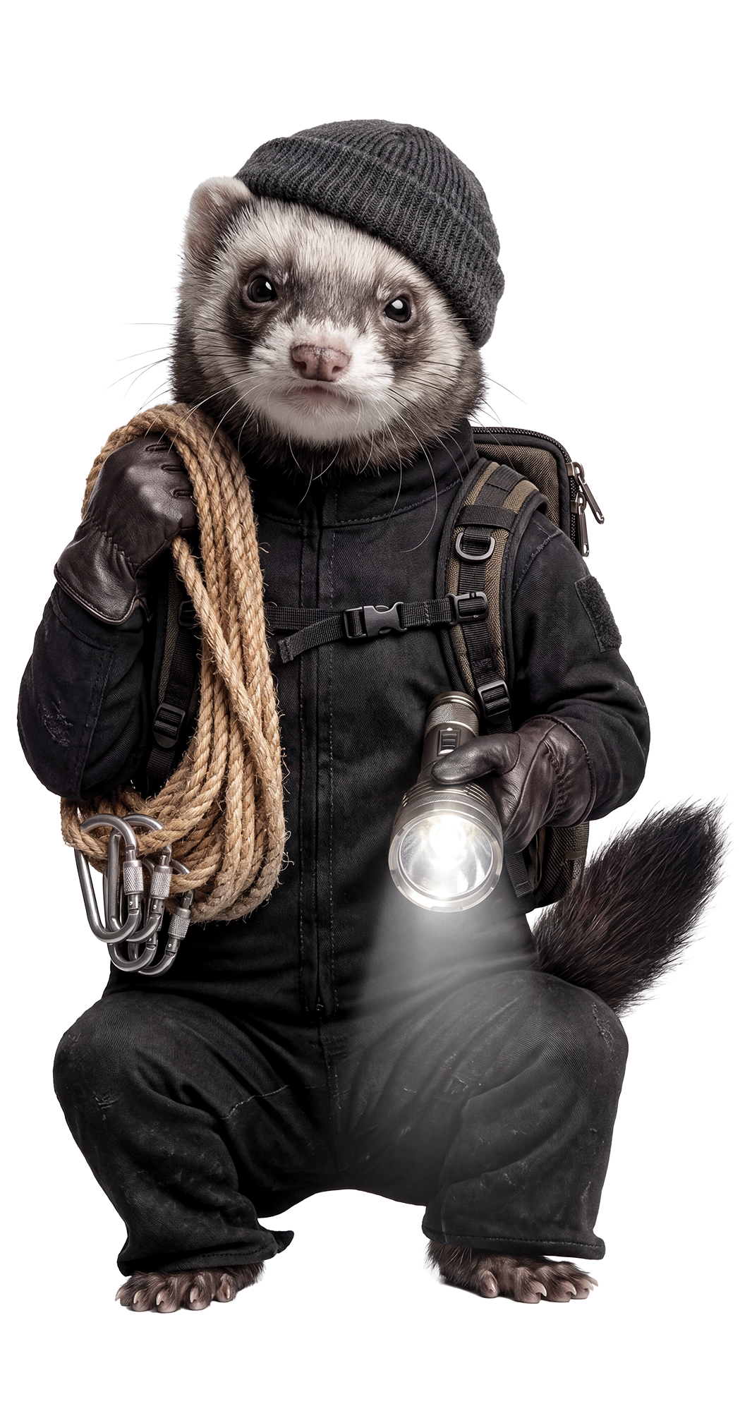 Badger Fursty Ferret character - ferret dressed in all black outfit with black beanie hat, backpack, torch and rope on shoulder