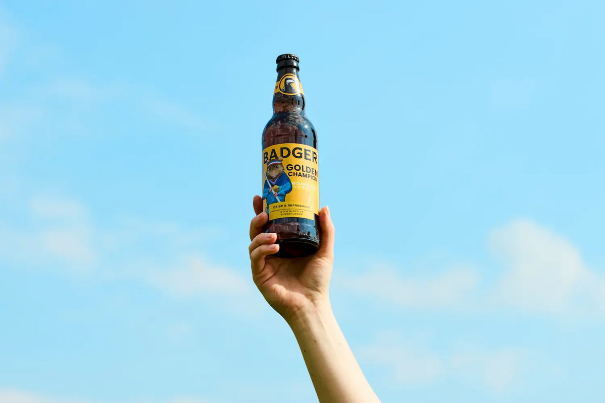 A hand holding a bottle of Badger Golden Champion Golden Ale against a bright blue sky with light clouds.
