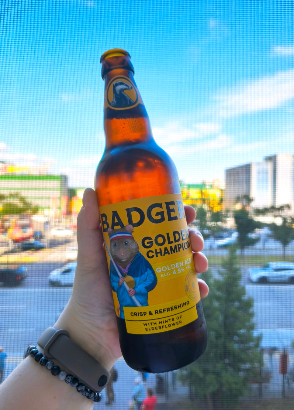 Person holding bottle of Badger Golden Champion Golden Ale in front of window, with blurred units, shops and trees in background across road 