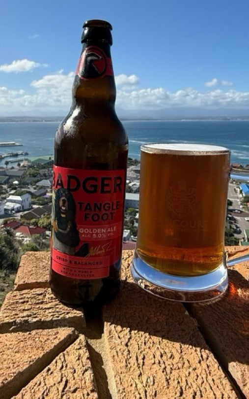 Bottle and filled stein style glass of Badger Tangle Foot on brick wall, with view of blue sky, sea and houses in far background