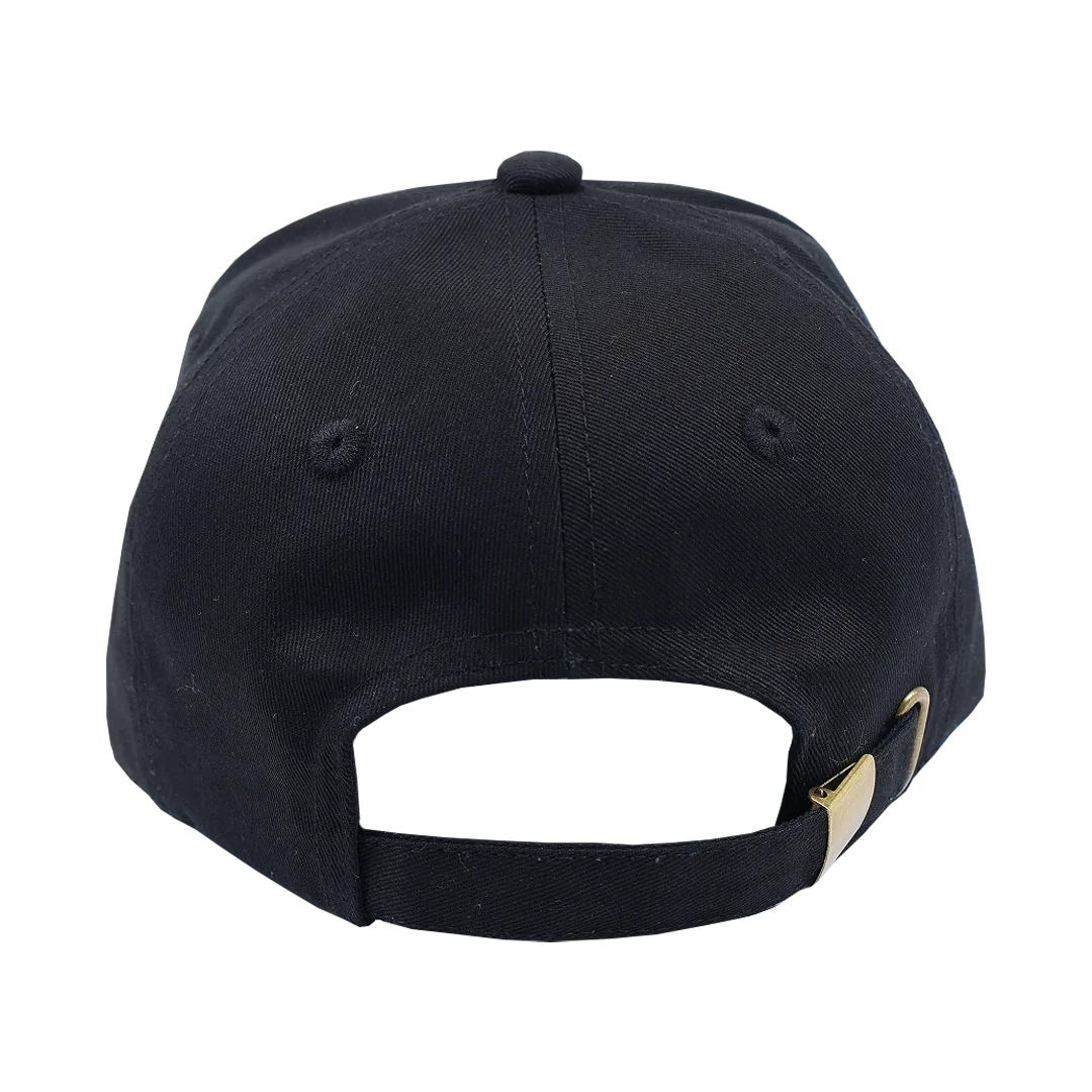 Back of the black Badger Brewery baseball cap showing the adjustable strap fastening