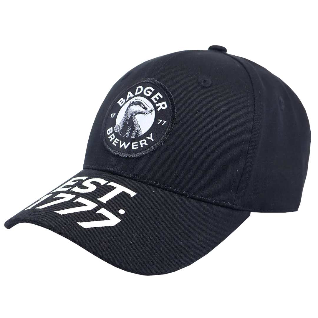 Black Badger Brewery baseball cap, side view, with Est. 1777 embroidered on the peak