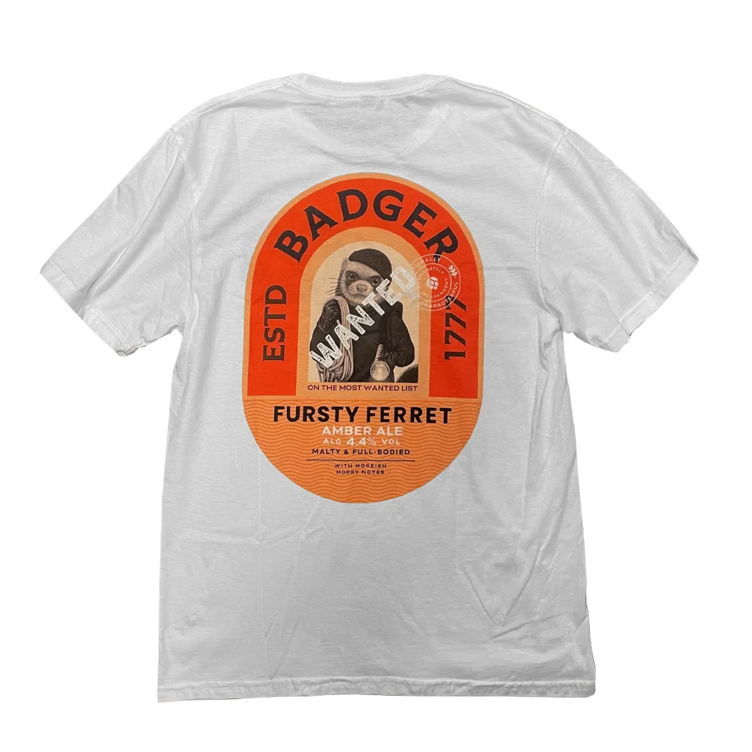 Back of the white Badger Fursty Ferret t-shirt with the orange Fursty Ferret roundel print