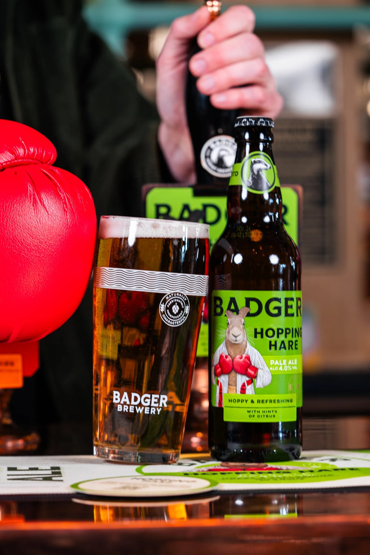 Pint and bottle of Badger Hopping Hare on a pub table with red boxing gloves behind