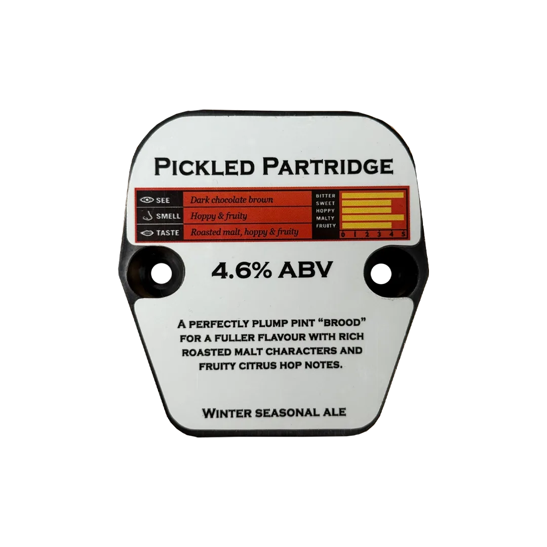 Back of the Pickled Partridge pump clip showing 4.6% ABV and winter seasonal ale tasting notes