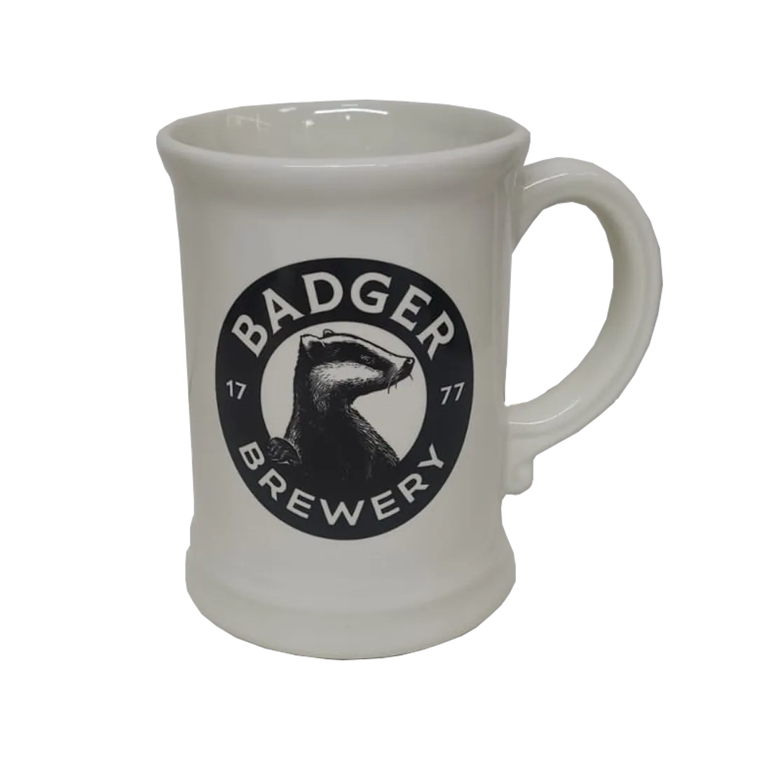 White Badger Brewery ceramic tankard with the badger roundel logo and handle