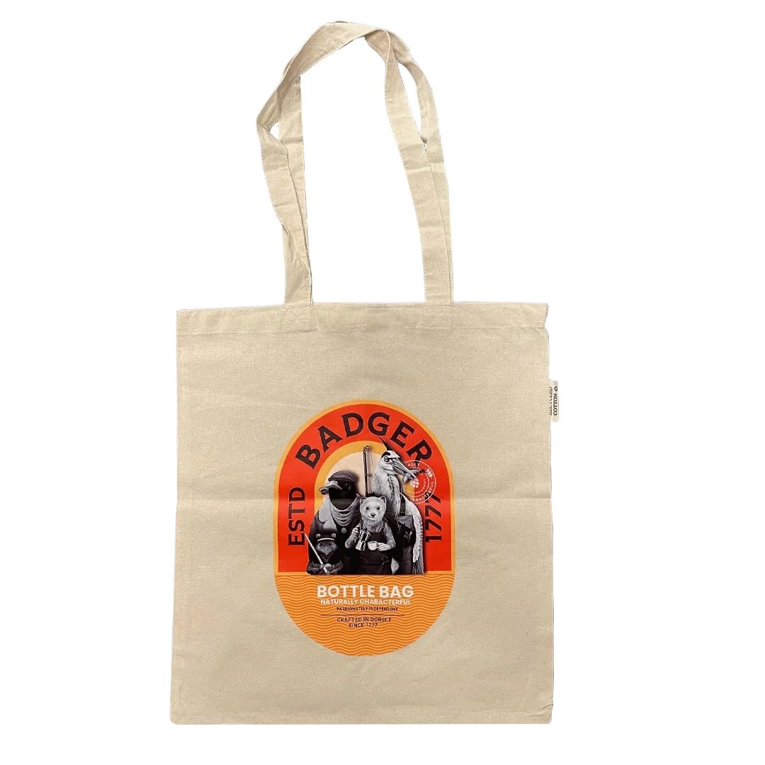 Natural cotton Badger tote bag printed with the orange Crafted with Character badger roundel