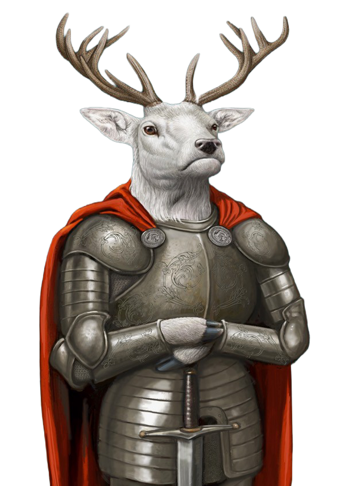 Iron Hart - a stylised illustration of a white stag-like warrior with large antlers, wearing silver-toned plate armor and a red cape, holding a sword 