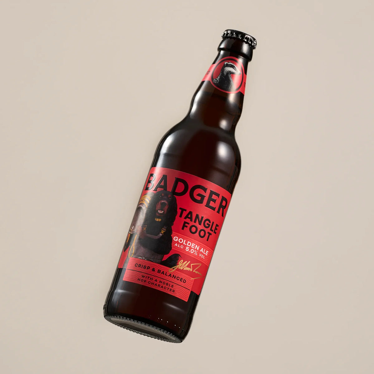 Bottle of Badger Tangle Foot golden ale on a plain stone-coloured background