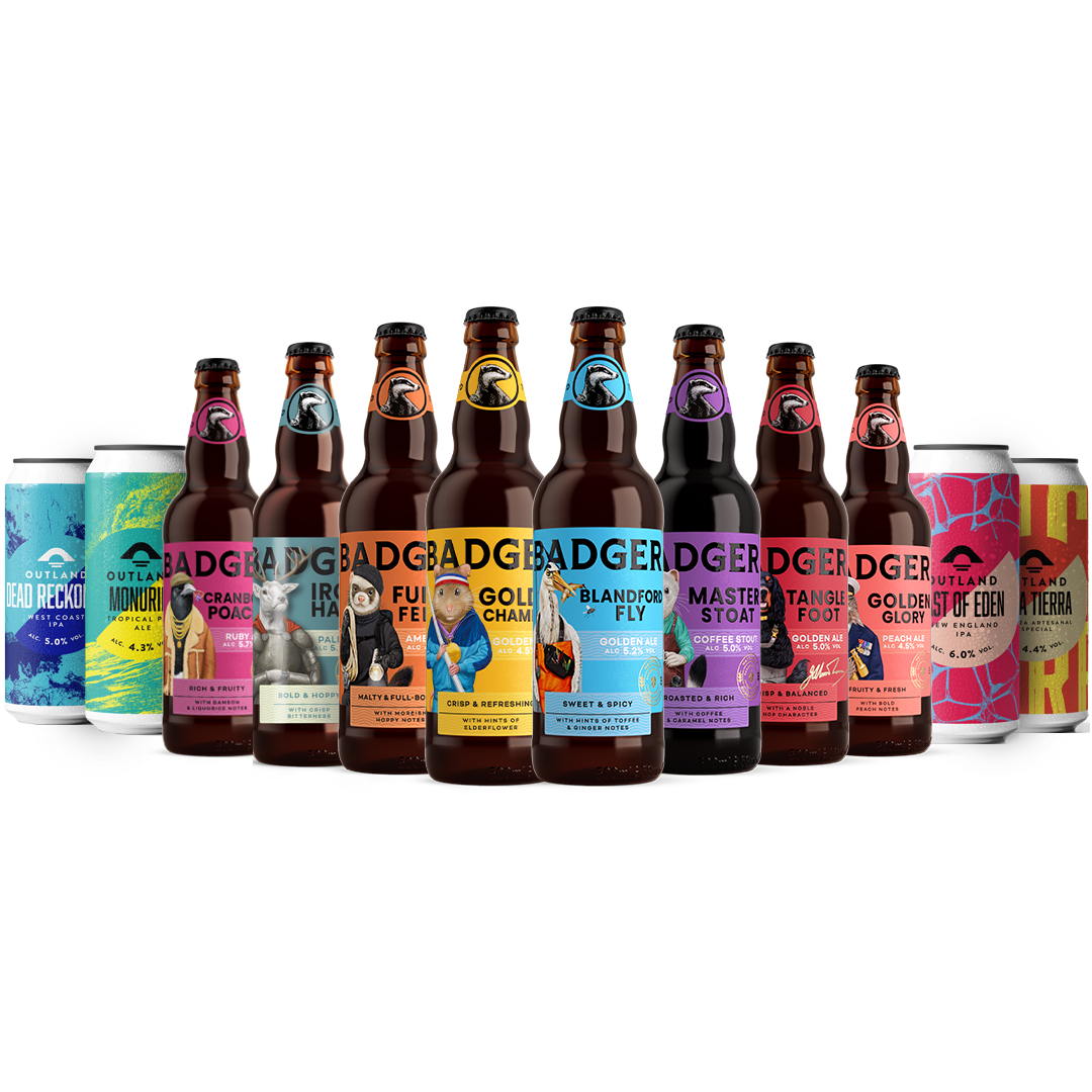 Line-up of Badger bottles and Outland cans available in the build your own beer bundle